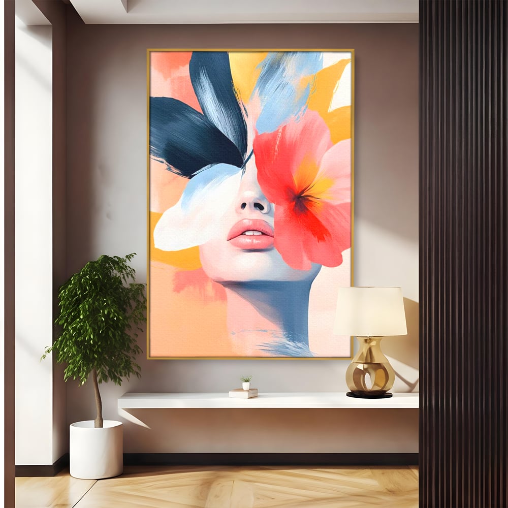 Tablou canvas cu tablou canvas cu fata de femeie si flori pictate, in rama de aluminiu auriu